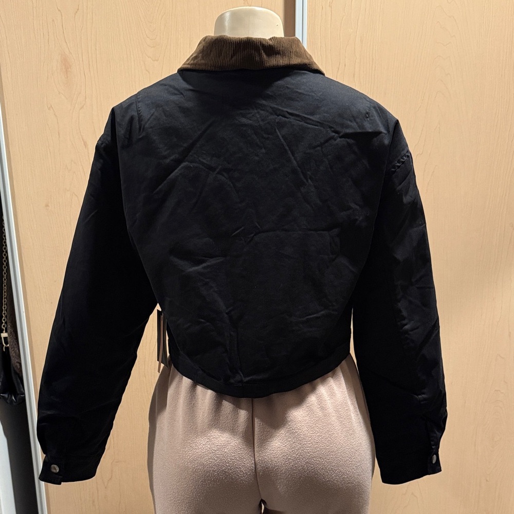 Iris Basic Black Bomber Jacket with Tan Collar NWT - image 4
